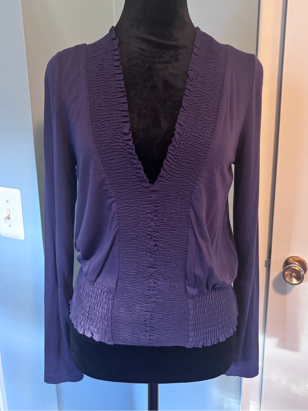 Women's Deep V-Neck Smocked Purple Blouse